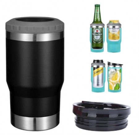 4 i 1 boks & flaskeisolator i rustfritt stål - 400ml - toveislokk - SUS-isolert bokskjøler, ølflaskeholder - Svart