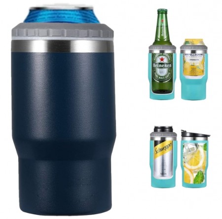 4 i 1 boks & flaskeisolator i rustfritt stål - 400ml - toveislokk - SUS-isolert bokskjøler, ølflaskeholder - Mørk blå